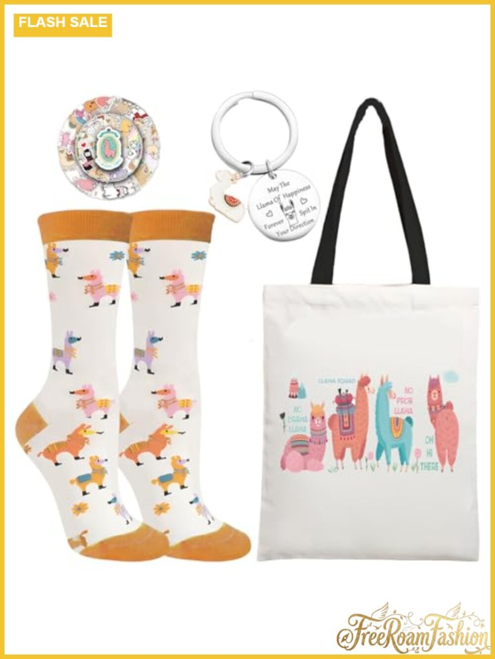 Llama Gift Set Women's Socks Tote Bag Keychain Stickers